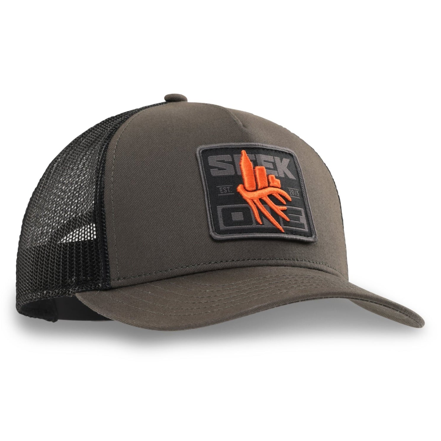 Brown trucker cap with black mesh back and orange and gray logo patch on a white background