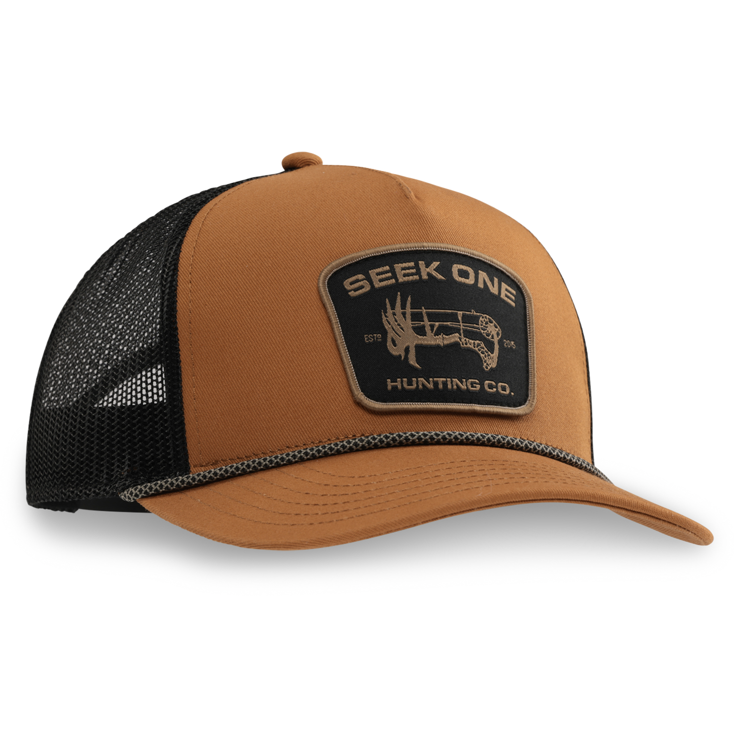 Brown and black cap with 'Seek One Hunting Co.' logo on a white background