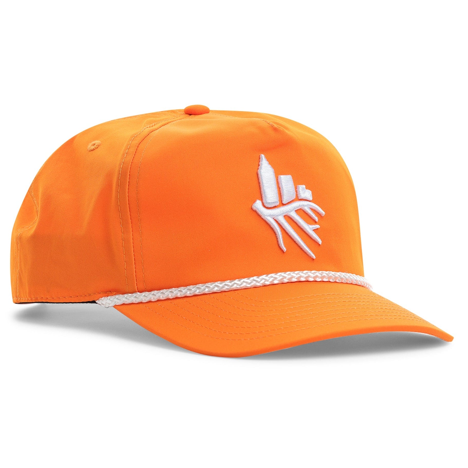 Orange cap with a white logo on a white background