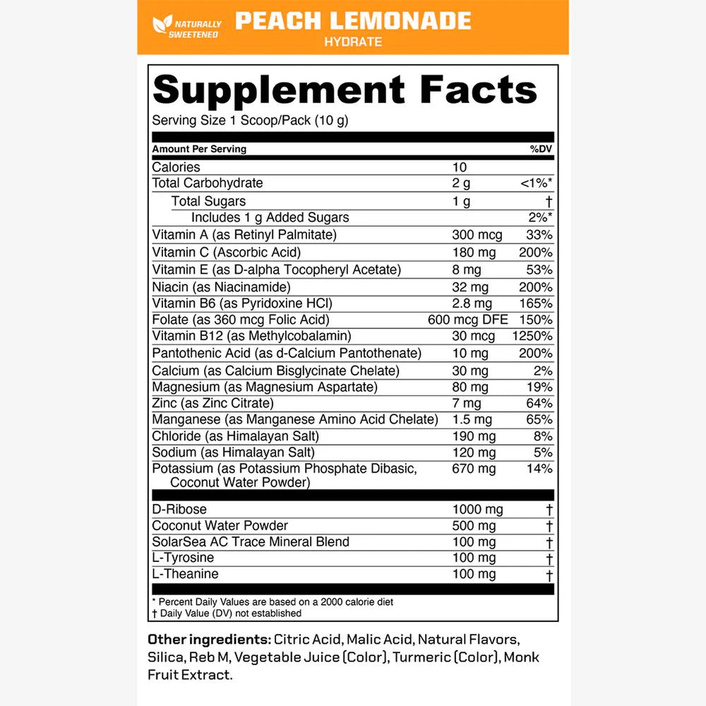 Hydrate - Peach Lemonade - Naturally Sweetened - 20 Trail Packs